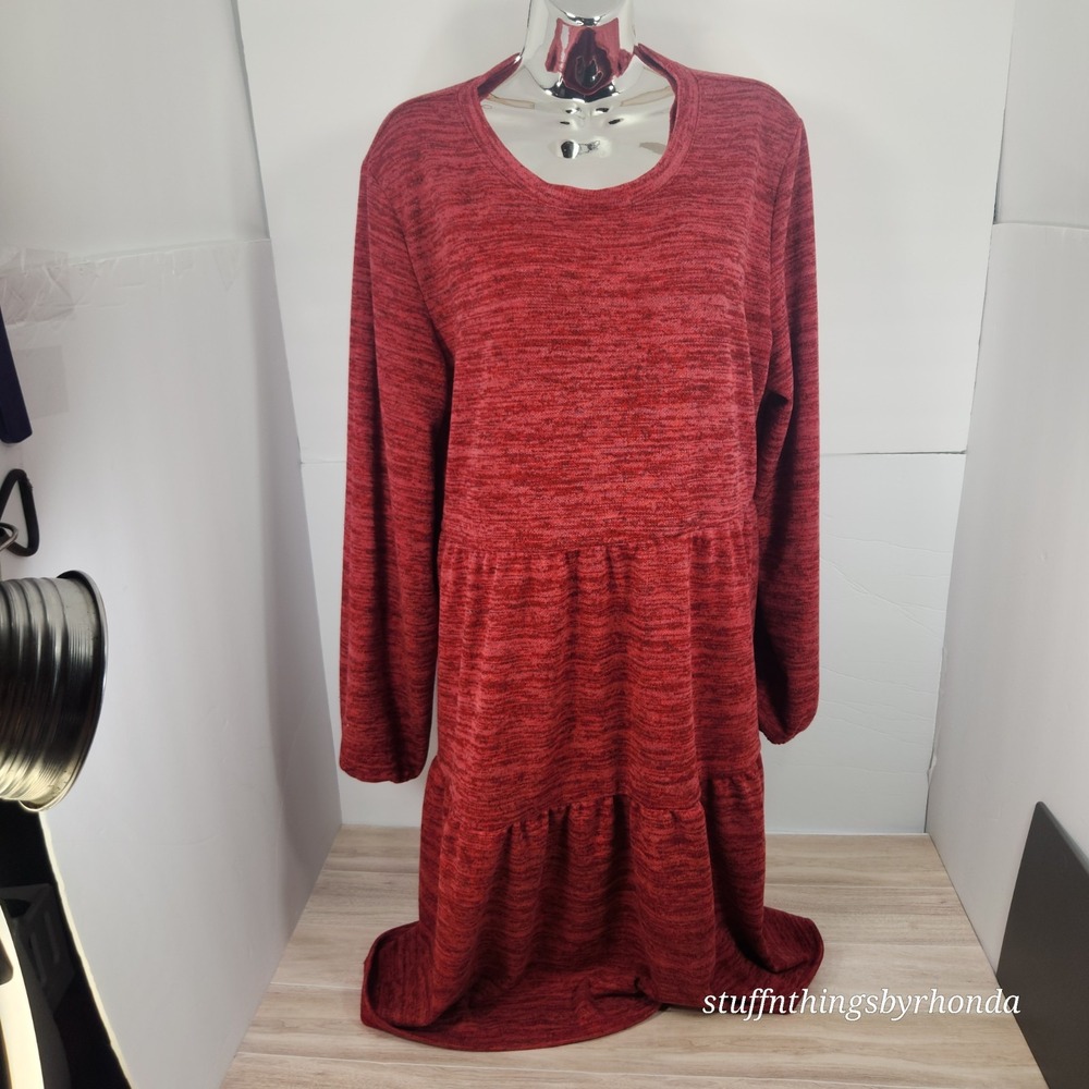 Brushed Tiered Skater Dress Heathered Red Long Sleeve 2XL From Amazon‎